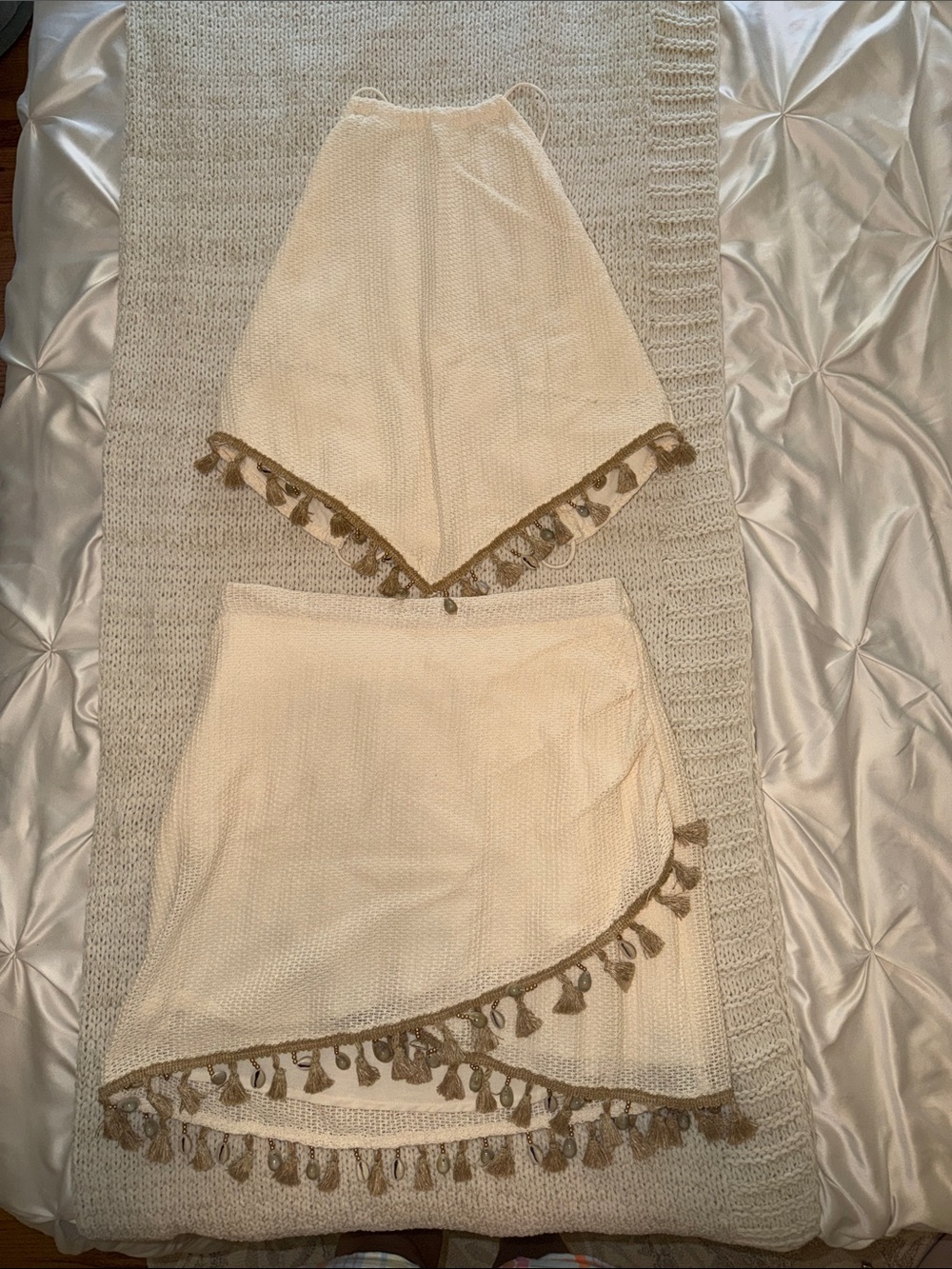 Cream Tassel Trim Women’s Wrap Skirt (two piece)